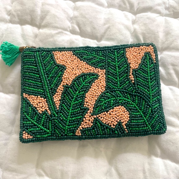 From St Xavier Handbags - From St Xavier Nina Palm Print Beaded Zip Mini Purse Card Case, Green